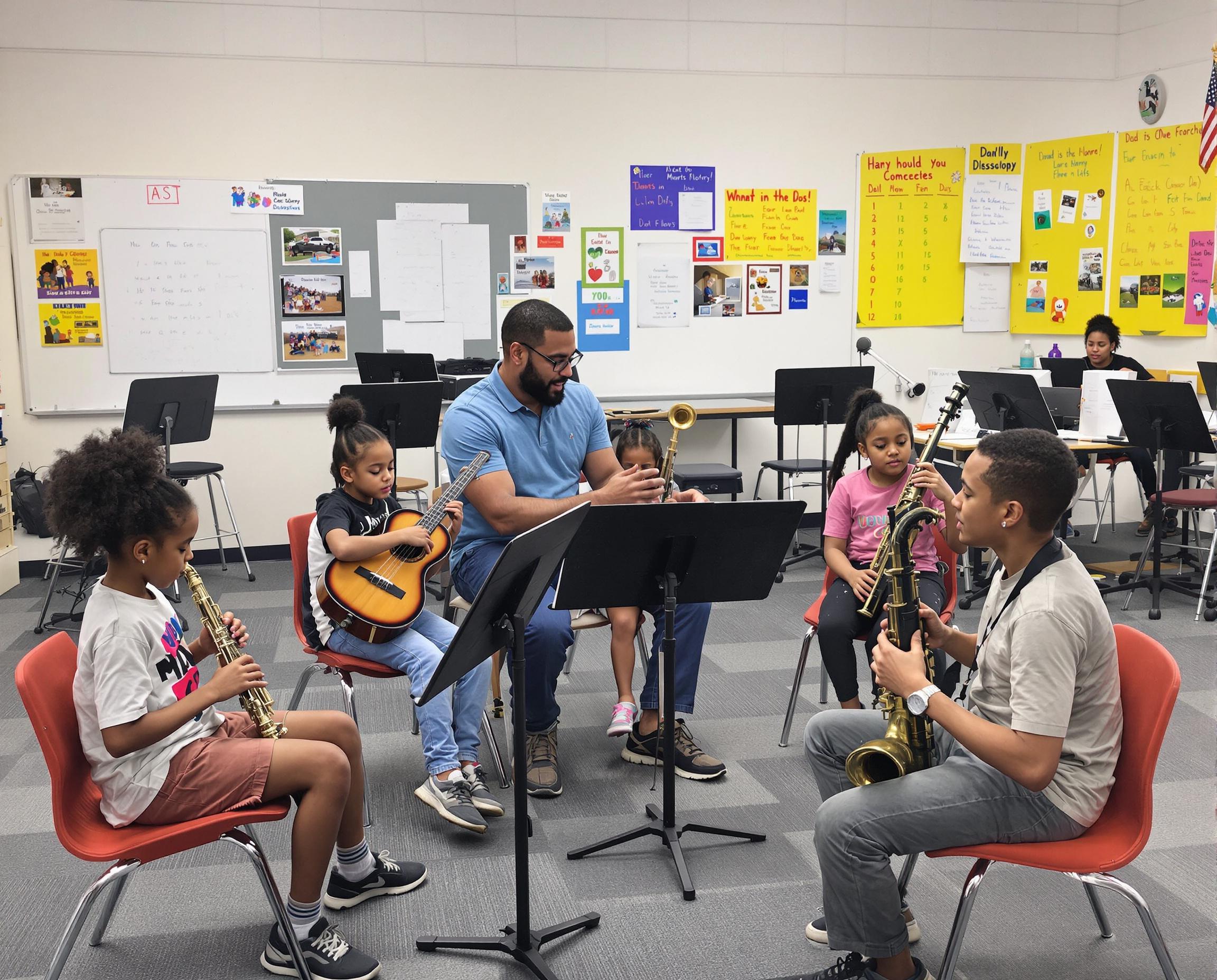 Music teacher helping a young girl play the violin during a group lesson at Learn the Art, with other children playing keyboard in the background