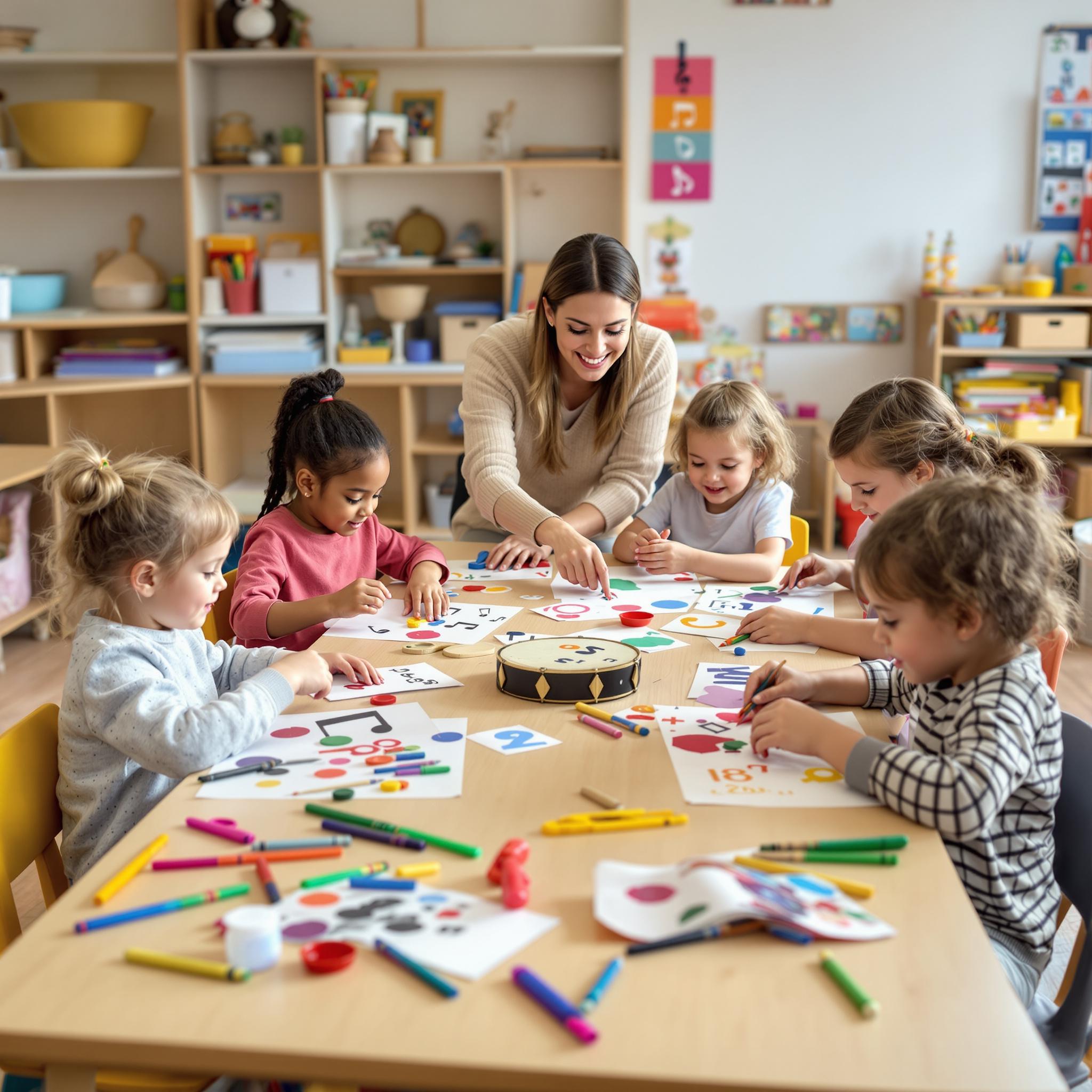 teacher and children engaged in a fun music and learning activity at Learn the Art