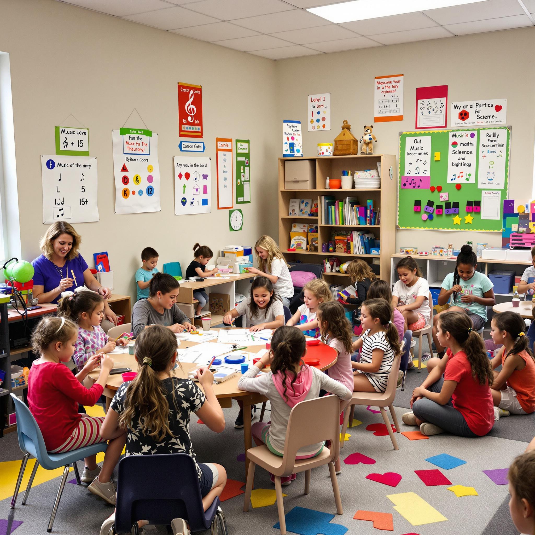 Preschool teacher and children engaged in a fun music and learning activity at Learn the Art
