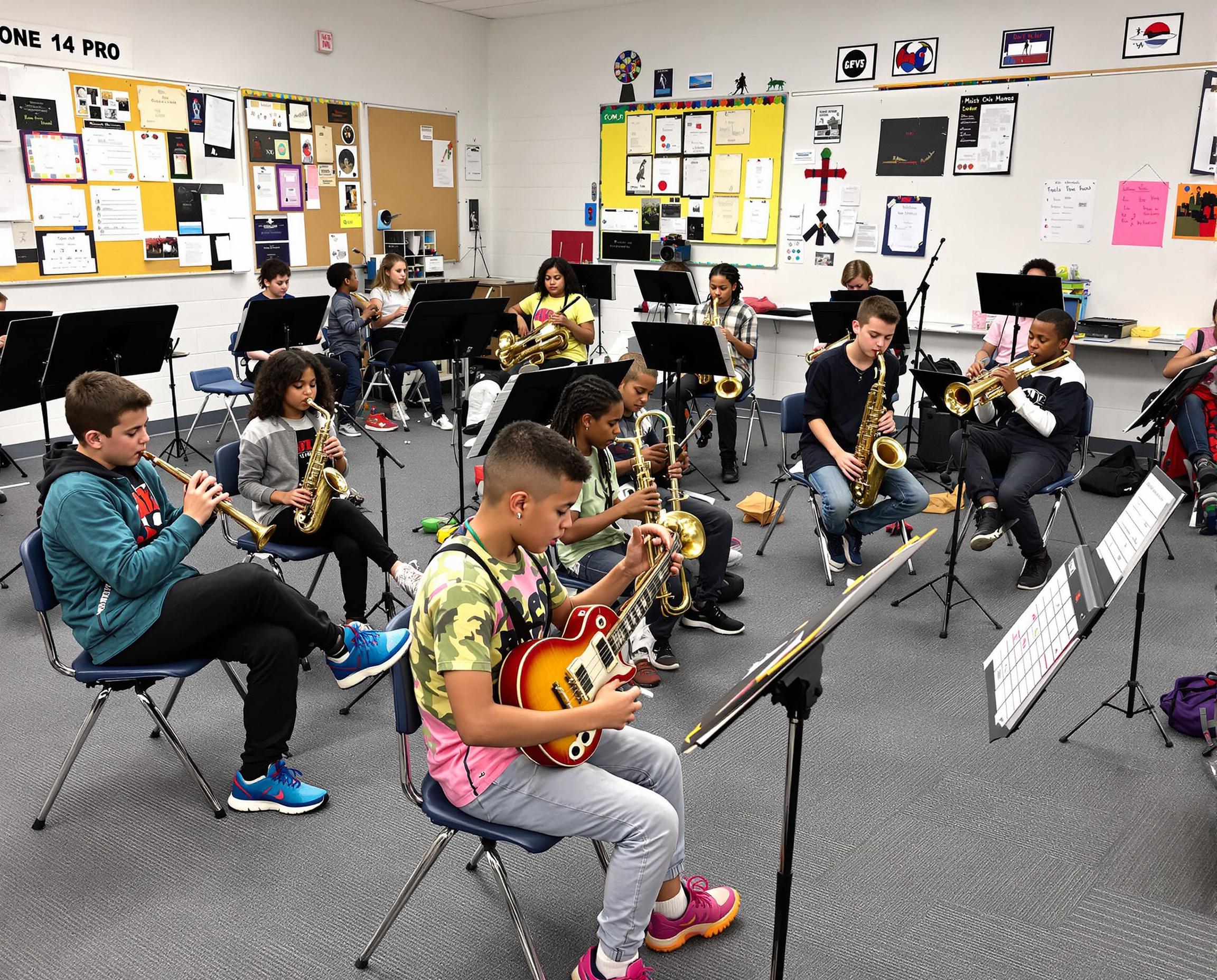 students playing music instrument in music class at learn the art