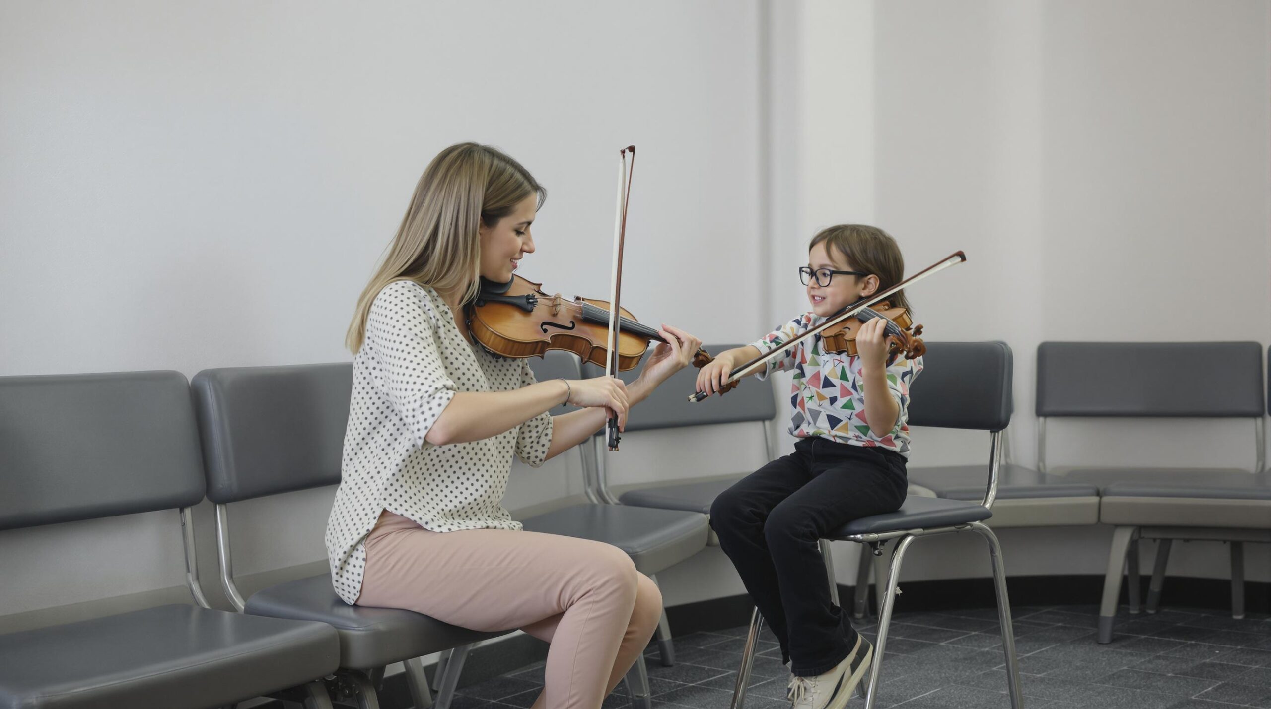 Violin teacher guiding a young girl during a music lesson at Learn the Art.